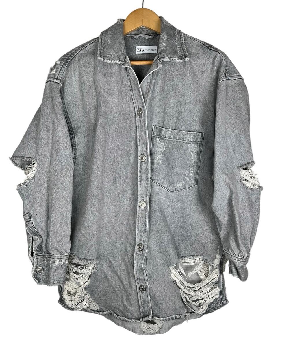 Zara Gray Distressed Oversized Y2K Denim Jean Jacket M/L